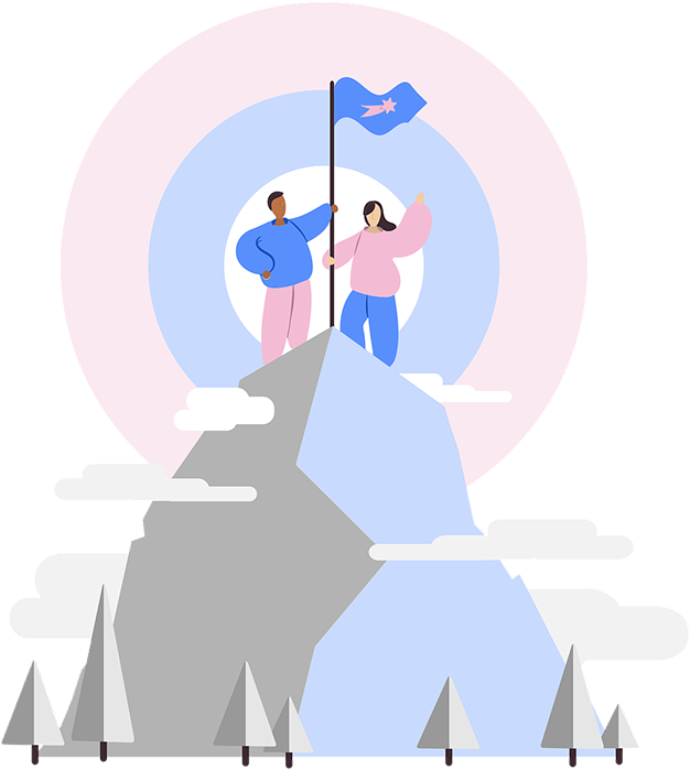 Two business professionals climbing mountain and planting flag